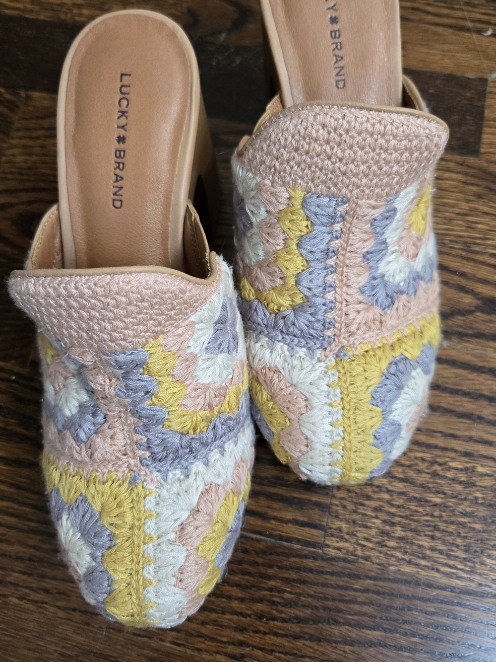 lucky brand immia crochet mule clogs | pastel multicolor wood heel